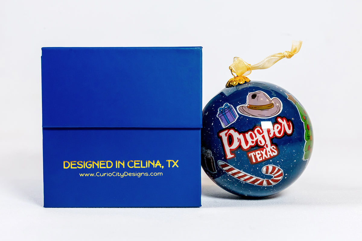 Prosper Texas holiday ornament and CurioCity Designs blue gift box