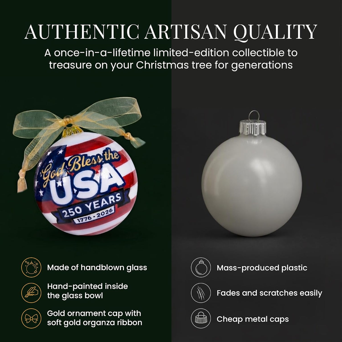 Feature graphic for the God Bless the USA ornament highlighting handblown glass, interior hand-painting, and gold ribbon details.