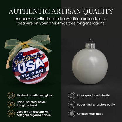 Feature graphic for the God Bless the USA ornament highlighting handblown glass, interior hand-painting, and gold ribbon details.