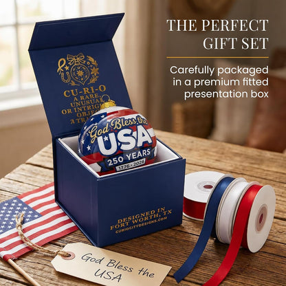 God Bless the USA 250 Years ornament presented in a premium fitted CurioCity Designs gift box.
