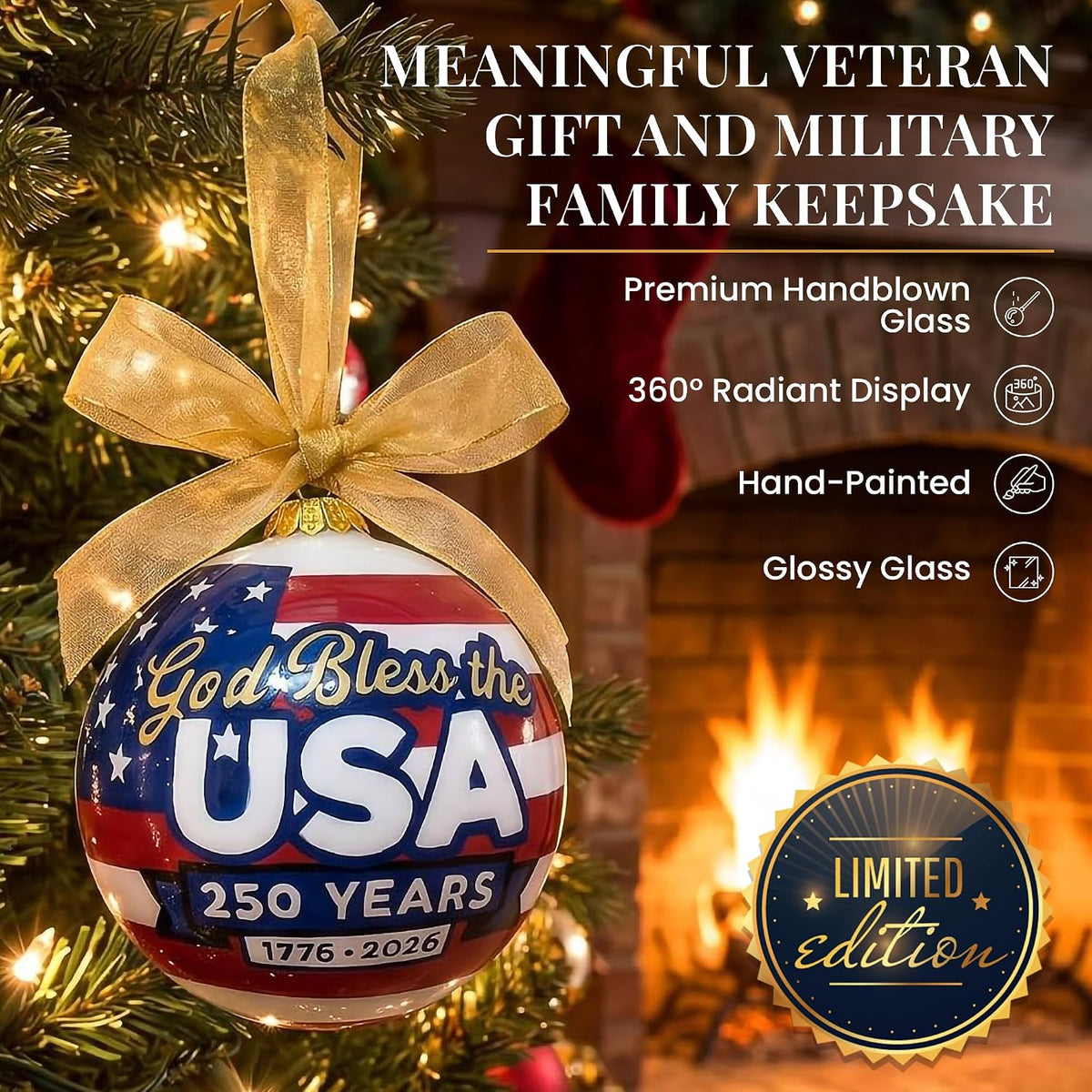 God Bless the USA 250 Years ornament displayed on a Christmas tree as a patriotic keepsake gift.