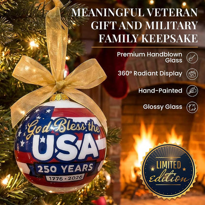 God Bless the USA 250 Years ornament displayed on a Christmas tree as a patriotic keepsake gift.