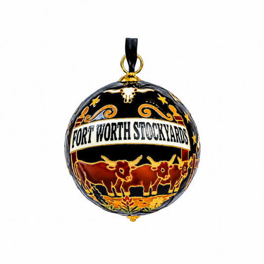 Cowtown Nights Limited-Edition Fort Worth Stockyards hand-painted ornament on a white background