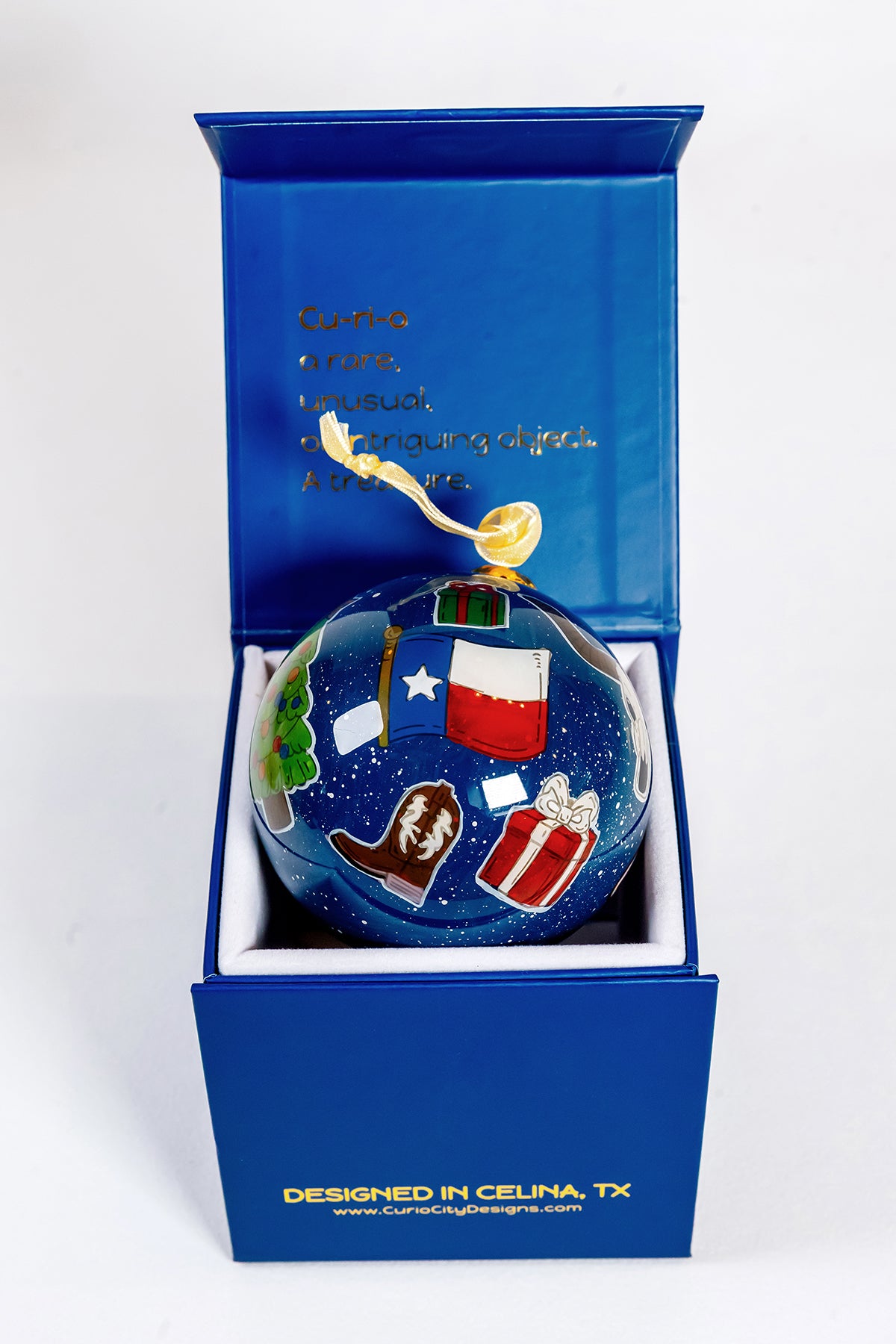 Texas flag, boot and holiday gift side of Prosper Texas hand-painted glass ornament