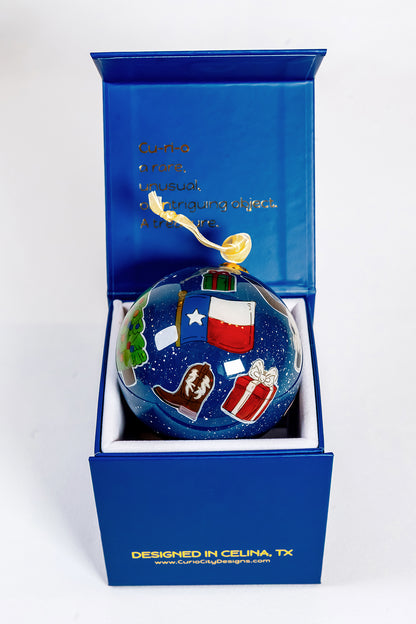 Texas flag, boot and holiday gift side of Prosper Texas hand-painted glass ornament