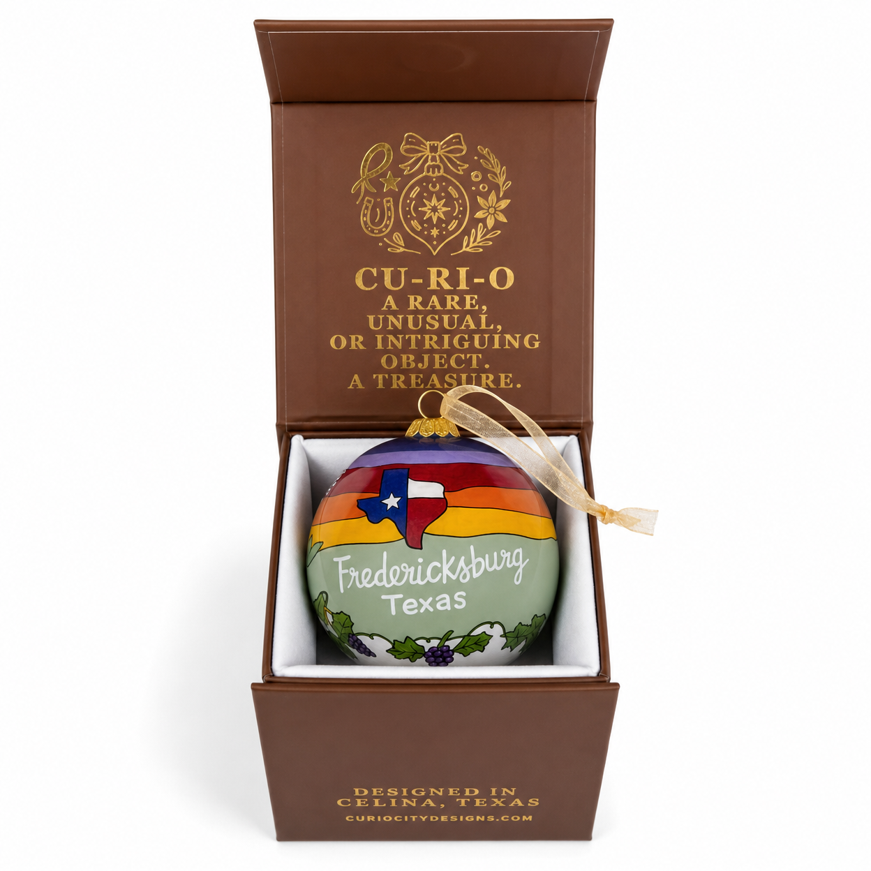 Fredericksburg Texas ornament presented inside an open CurioCity Designs keepsake gift box