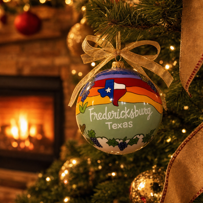 Fredericksburg Texas ornament hanging on a lit Christmas tree near a fireplace