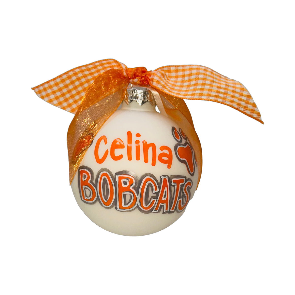 Simply Bobcats hand-painted Celina Bobcats Christmas ornament on a white background