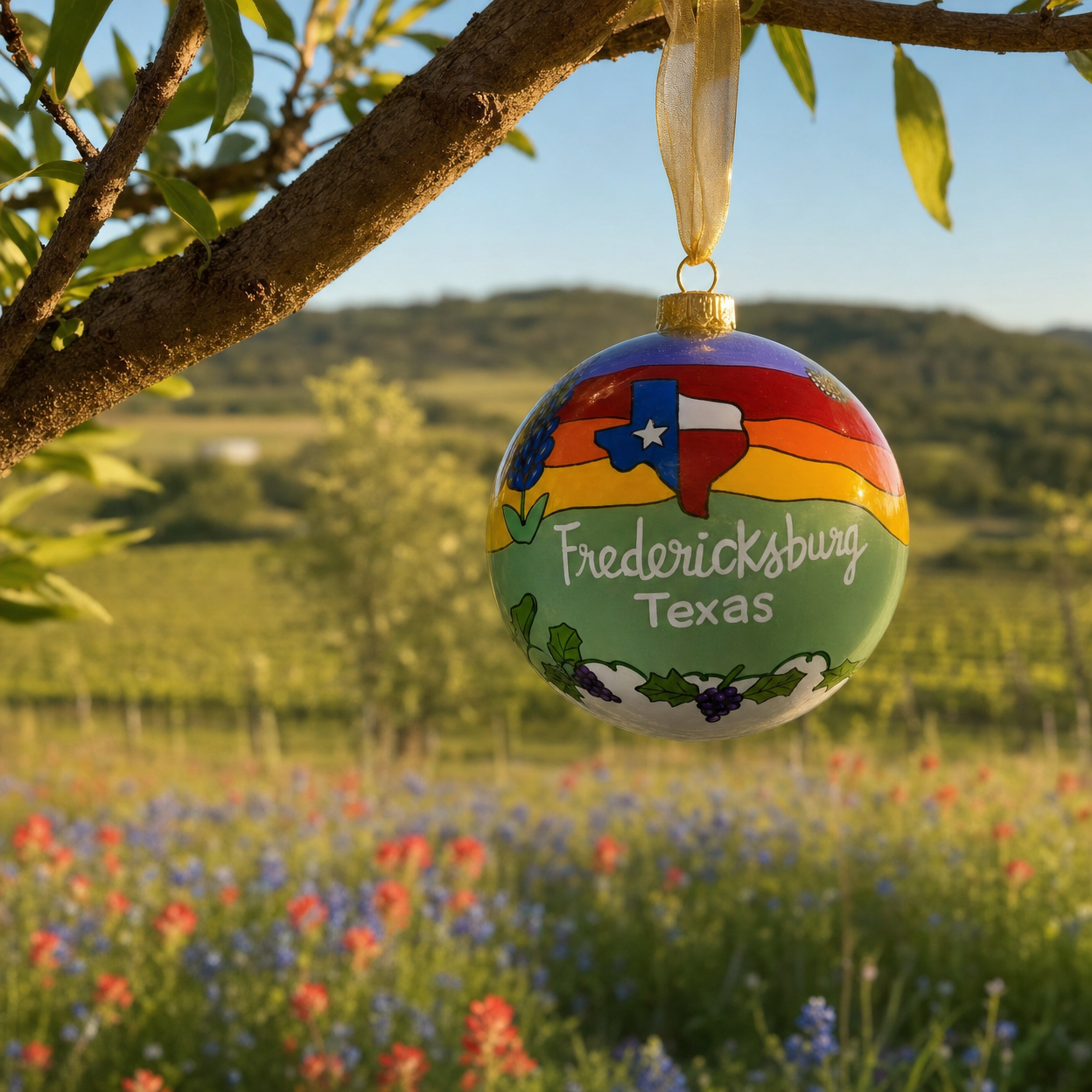 Fredericksburg Texas hand-painted ornament hanging above Hill Country vineyards and wildflowers