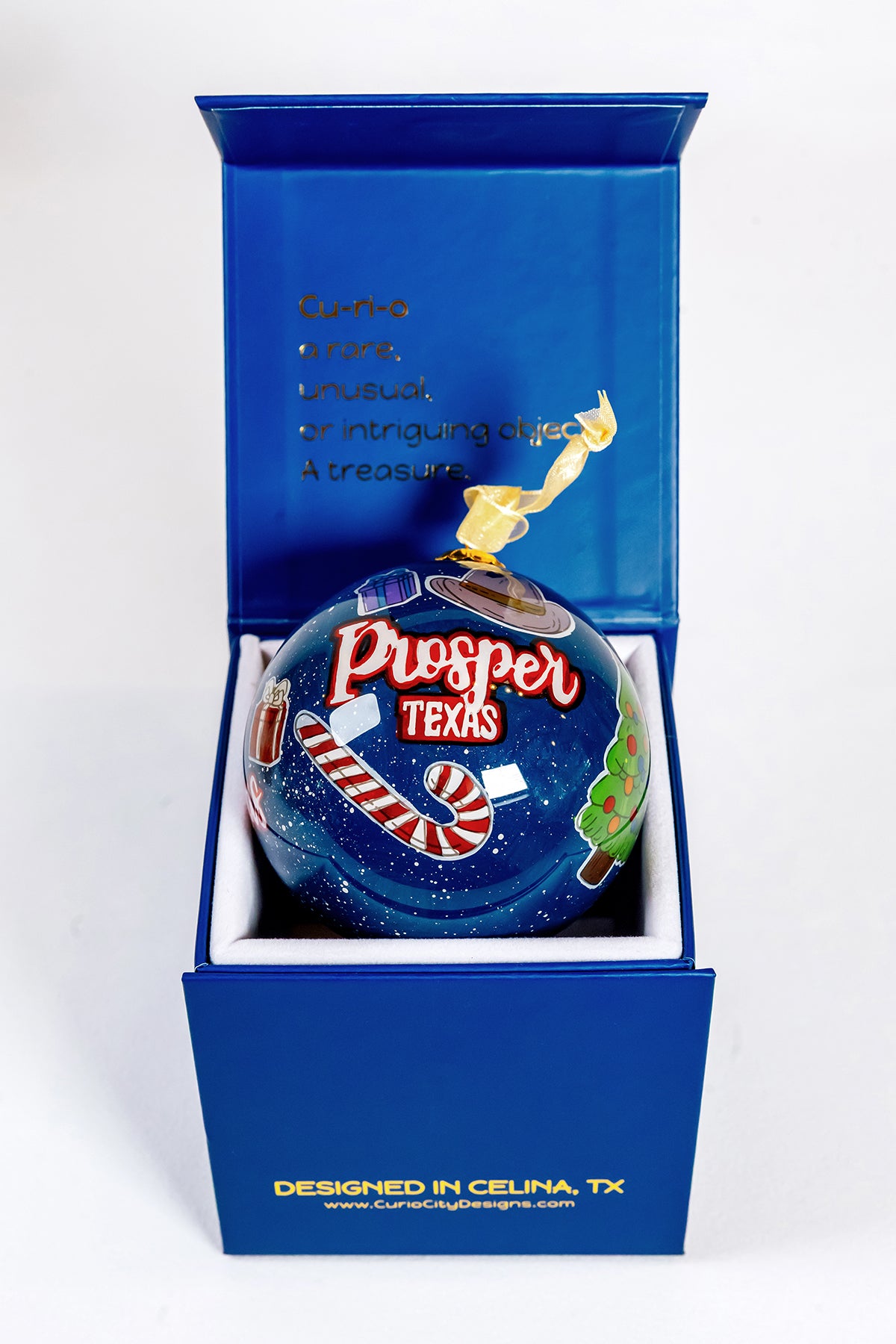 Prosper Texas hand-painted glass Christmas ornament in CurioCity Designs blue gift box