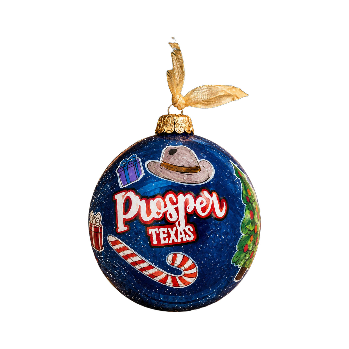 A Prosper Christmas limited-edition hand-painted Prosper, Texas glass ornament on a white background