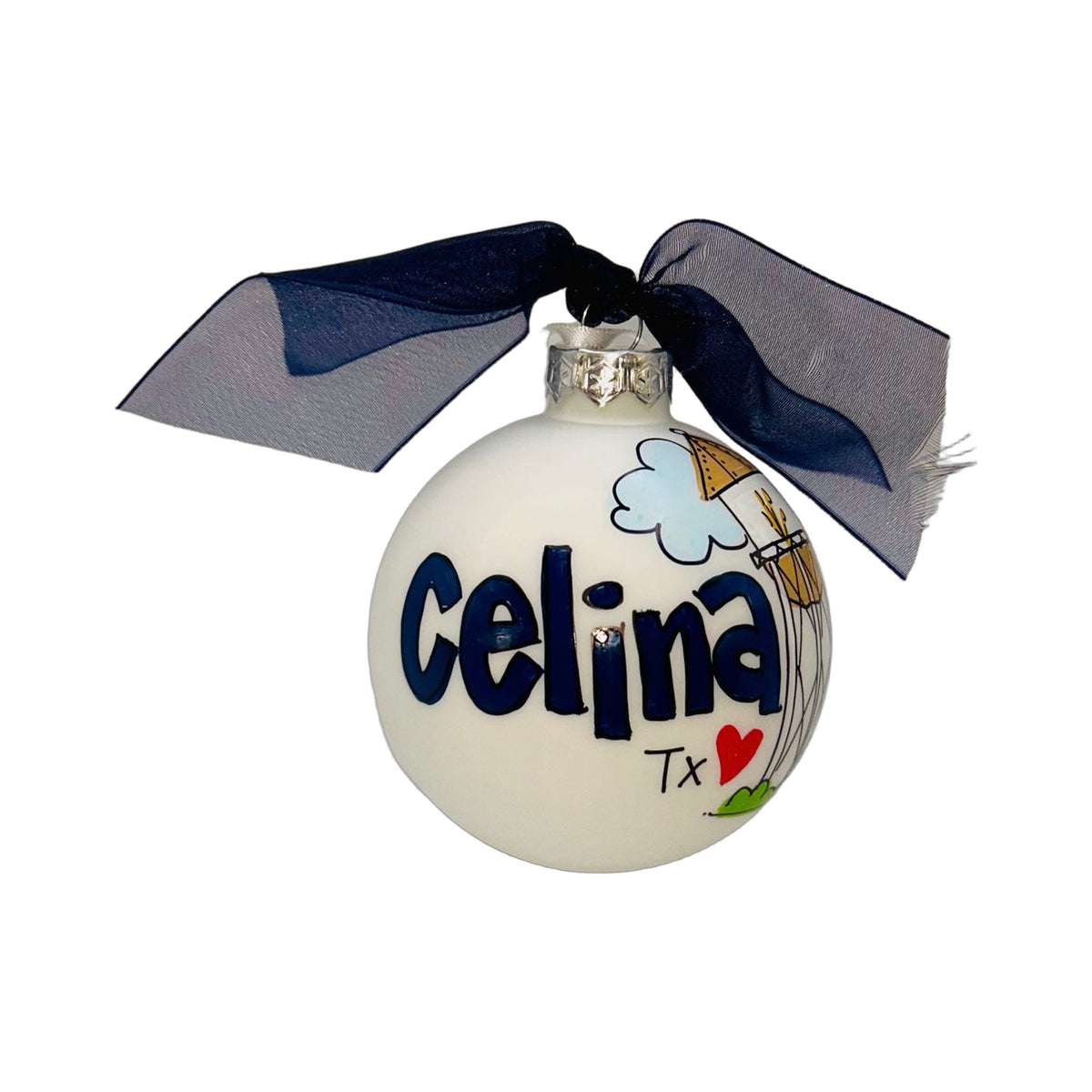 Simply Celina hand-painted Celina, Texas Christmas ornament on a white background