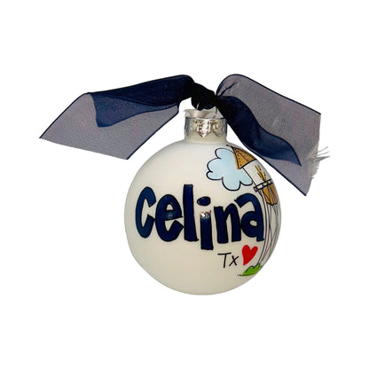 Simply Celina hand-painted Celina, Texas Christmas ornament on a white background