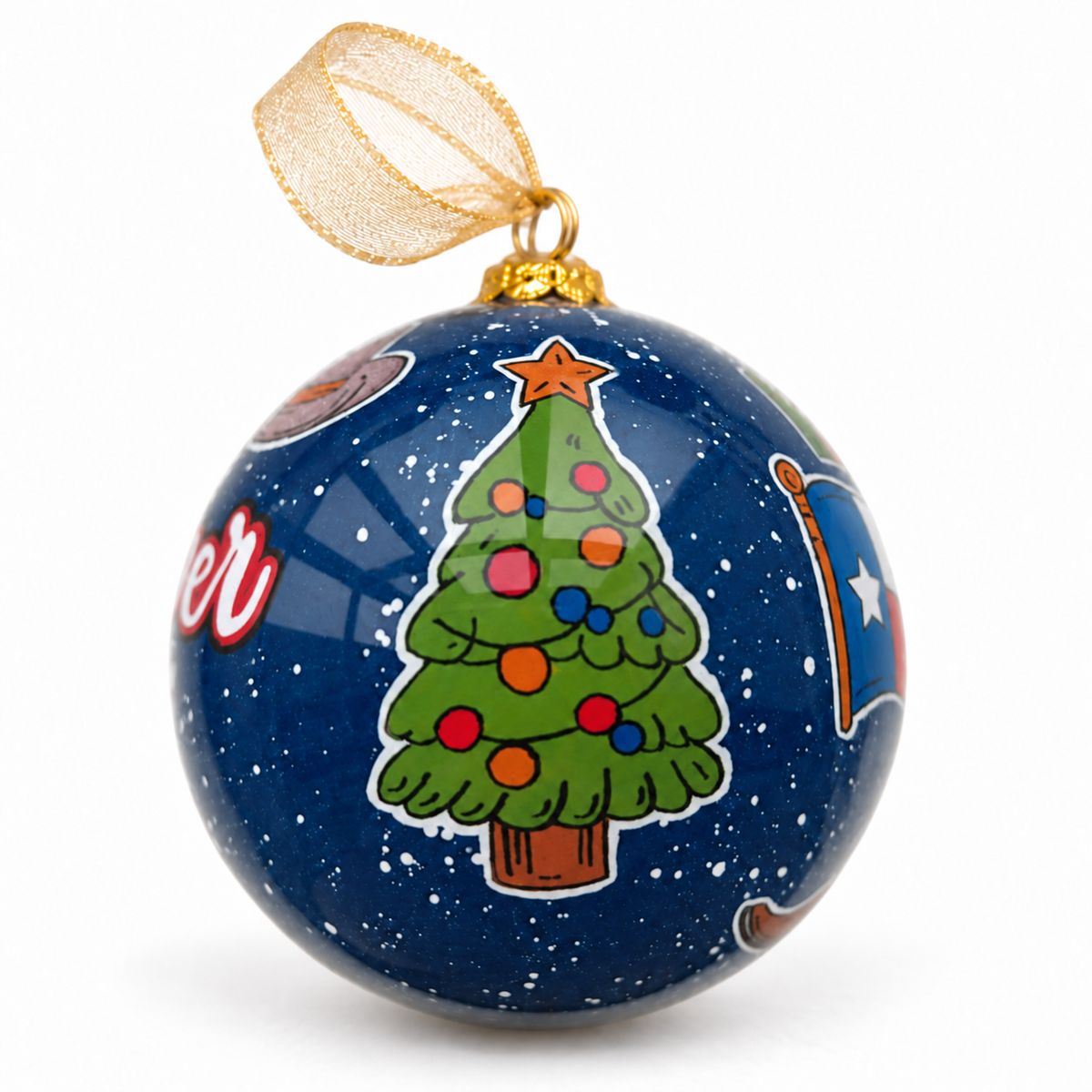 Christmas-tree side of A Celina Christmas glass ornament, showing colorful baubles and an orange star on a navy snowy background, styled with gold ribbon.
