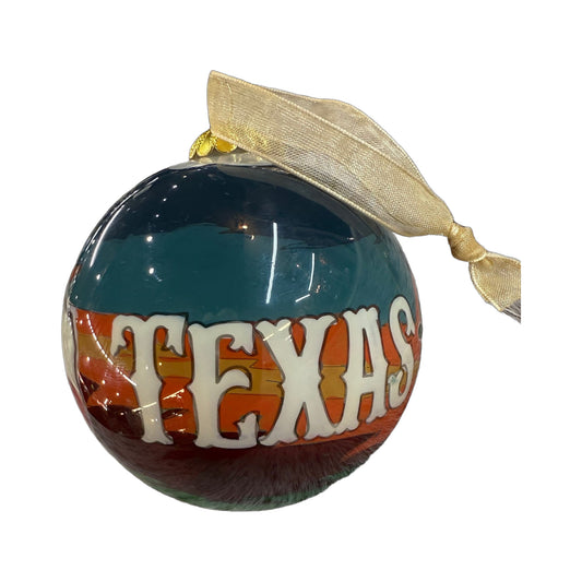 Texas Proud hand-painted Texas Christmas ornament on a white background