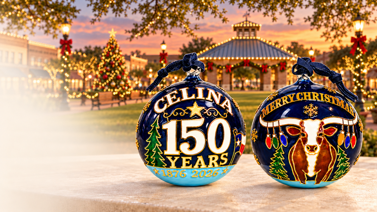 Celina 150th Anniversary 2026 ornament front and longhorn reverse in a festive downtown-square lifestyle scene