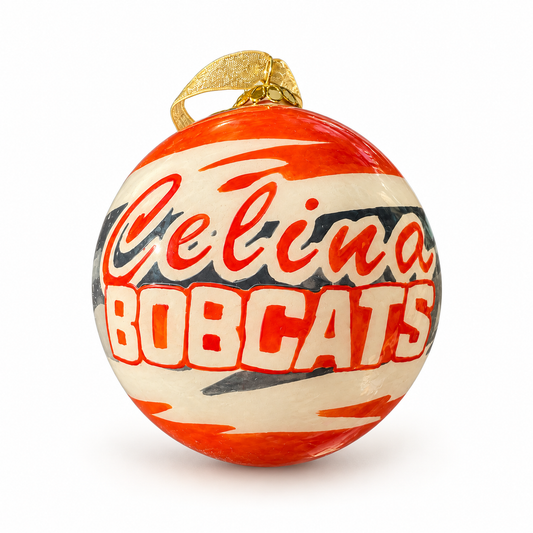 Celina Bobcats Spirit glass ornament with orange and white brushstroke stripes, charcoal accents, and Celina Bobcats lettering