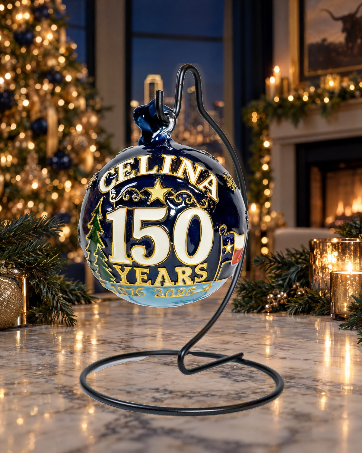 Celina 150th Anniversary hand-painted glass ornament displayed in an elegant Christmas tree and candlelit holiday interior.