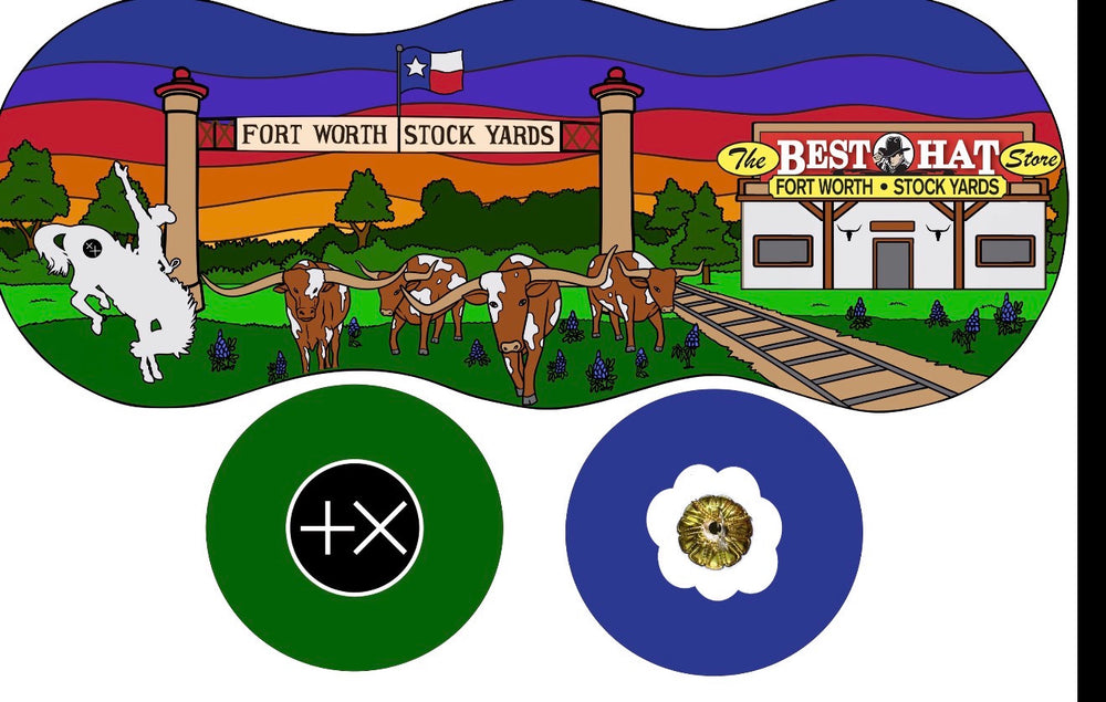Custom ornament artwork featuring The Best Hat Store, Fort Worth Stockyards, longhorn cattle and the Texas flag.