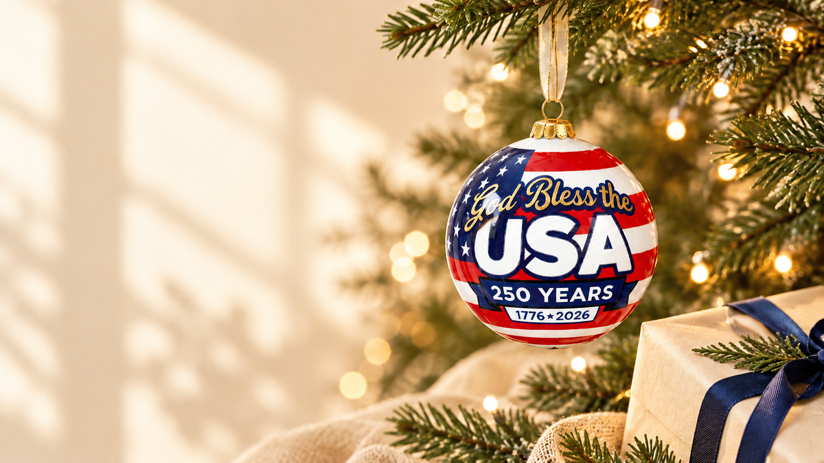 God Bless the USA 250 Years glass ornament hanging on a Christmas tree, with the original 1776 star 2026 date design.