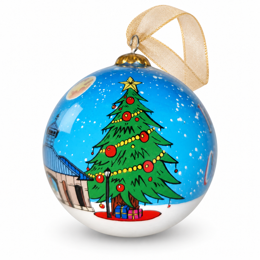 Downtown Celina Square Christmas Tree glass ornament styled with a gold ribbon, showing the Christmas tree, historic building, and snowy blue sky.