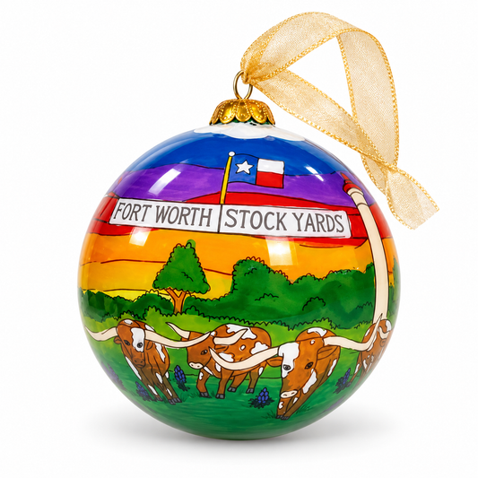 Fort Worth Stockyards hand-painted glass ornament, longhorn and Stockyards arch view, with gold ribbon on white