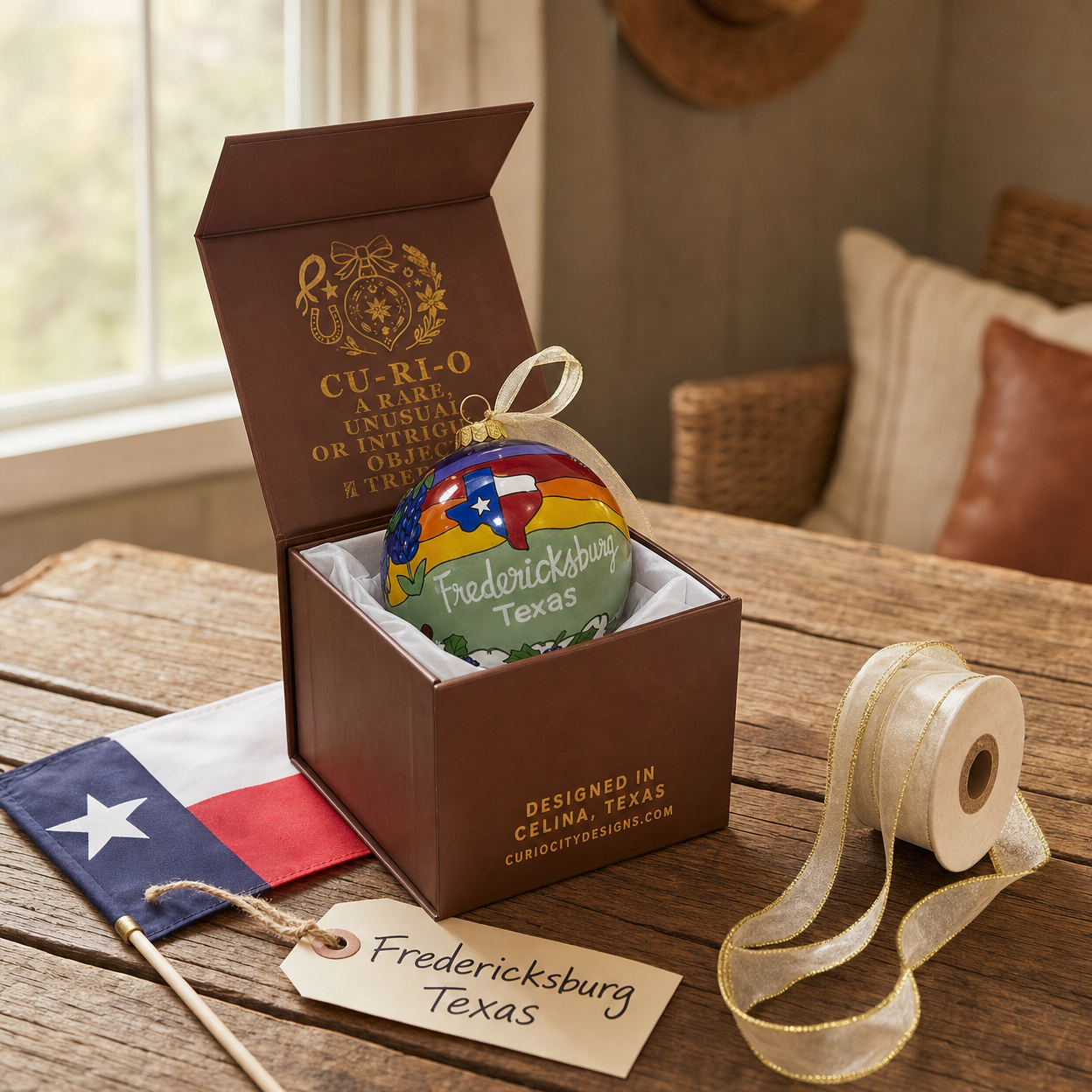 Fredericksburg Texas ornament gift box styled with a Texas flag and gold ribbon