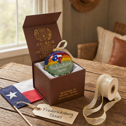 Fredericksburg Texas ornament gift box styled with a Texas flag and gold ribbon