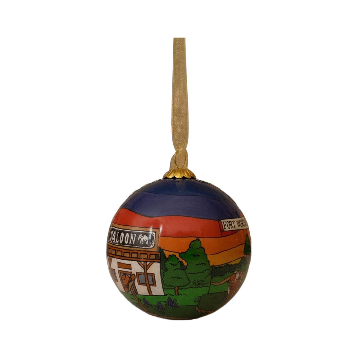 Fort Worth Stockyards hand-painted Texas Christmas ornament on a white background