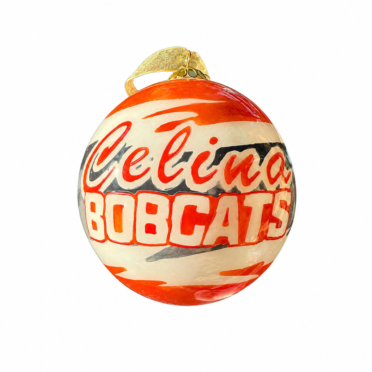 Celina Bobcats Christmas Tree hand-painted ornament on a white background