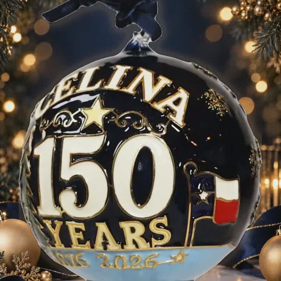 Portrait glow-enhanced rotating Celina 150th Anniversary hand-painted glass ornament for social media, shown against a luxury Christmas background.