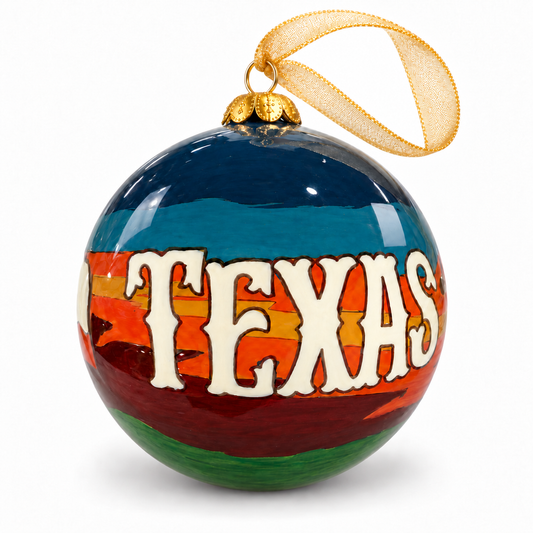 Texas Proud hand-painted glass ornament, TEXAS lettering view, with gold ribbon on white