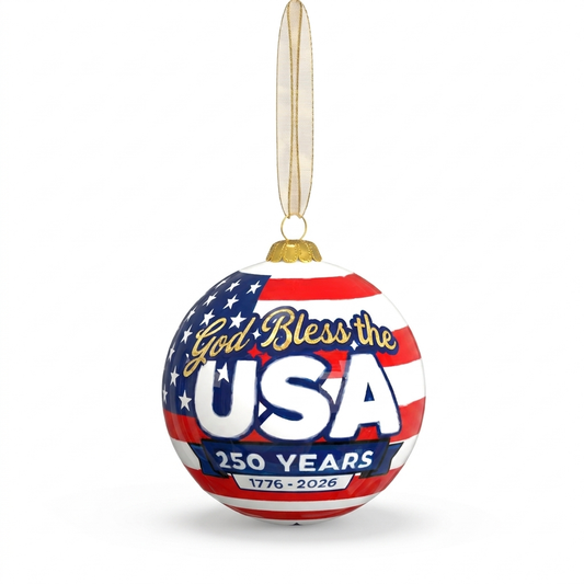 God Bless the USA 250 Years hand-painted glass ornament on a white background